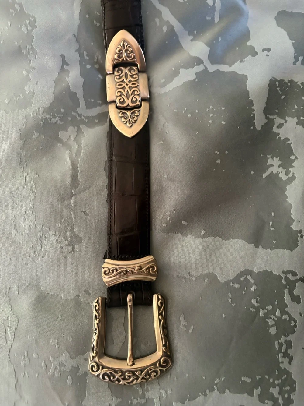 Brighton Black Leather Belt with Ornate Gold Buckle